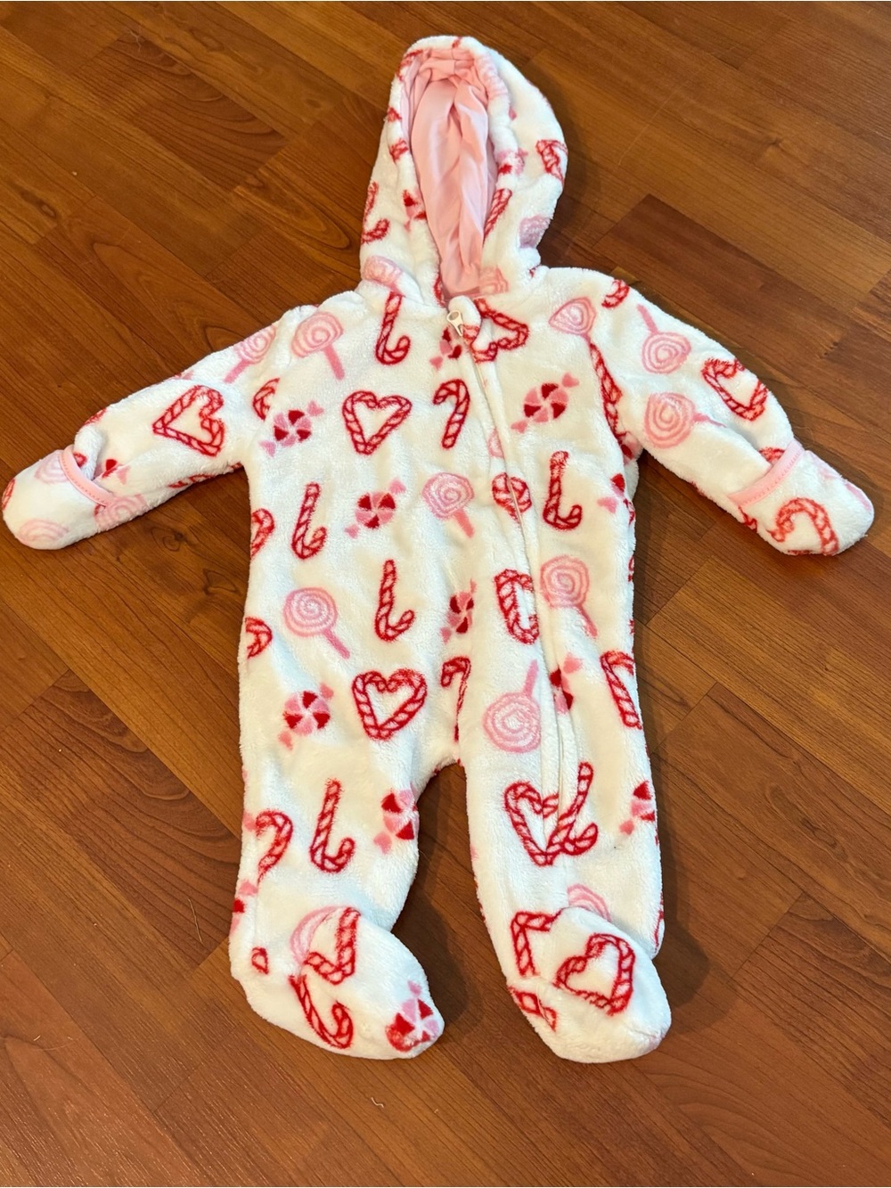 Little Beginnings Hooded Baby Fleece Bunting in Pink & Red Candy Print 0-3 m